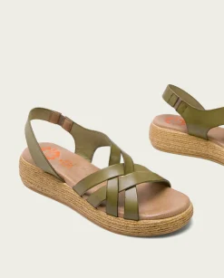 Sandalia Cuña Piel Kaki Ganga