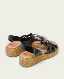 Sandalia Cuña Piel Negra Ganga