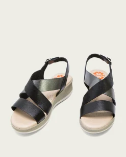 Sandalia Cuña Piel Negro Plomo Fiama