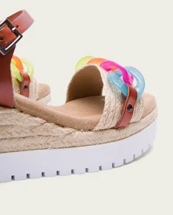 Sandalia Cuña Piel Rafia Cuero-Colores Lola