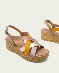 Sandalia Cuña Piel Taupe Platino Iris
