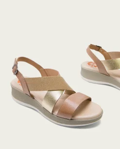Sandalia Cuña Piel Taupe Platino Fiama